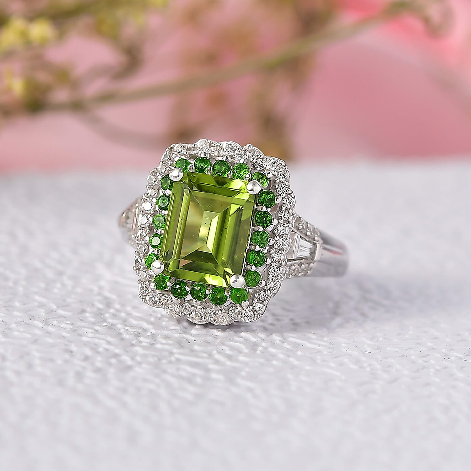 D'Joy Peridot, Natural Chrome Diopside & White Zircon Solitaire Ring in Rhodium Overlay Sterling Silver 3.65 Ct.