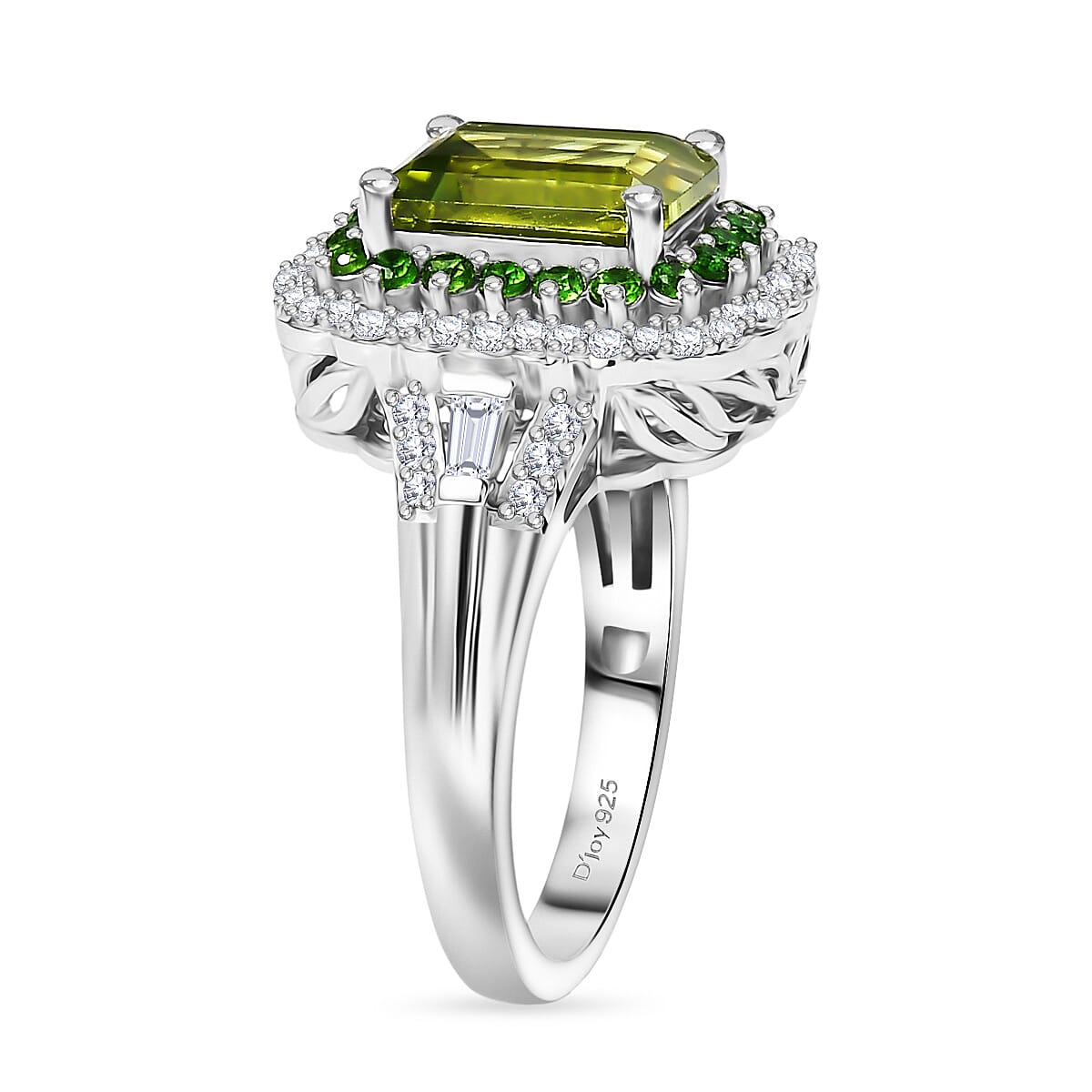 D'Joy Peridot, Natural Chrome Diopside & White Zircon Solitaire Ring in Rhodium Overlay Sterling Silver 3.65 Ct.