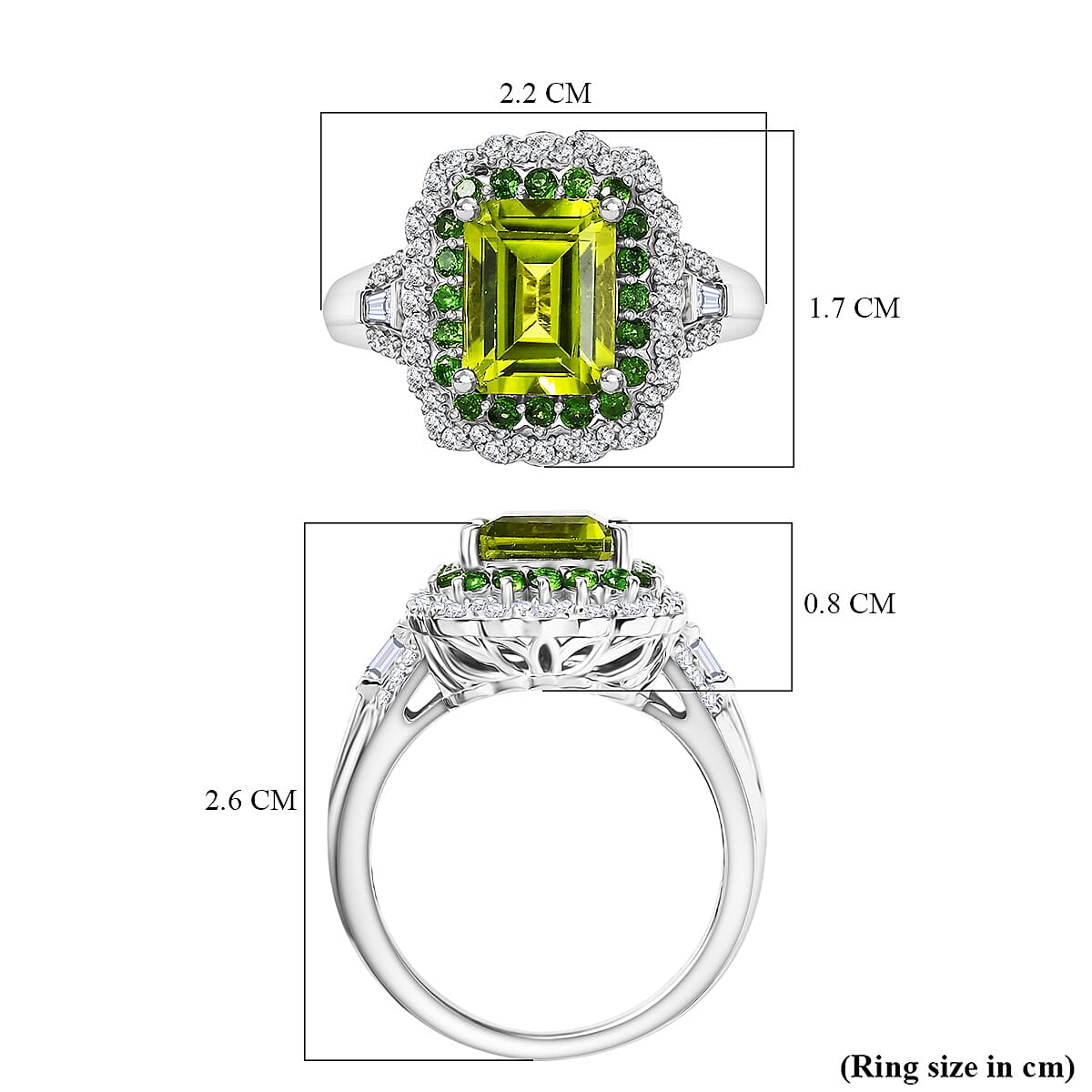 D'Joy Peridot, Natural Chrome Diopside & White Zircon Solitaire Ring in Rhodium Overlay Sterling Silver 3.65 Ct.