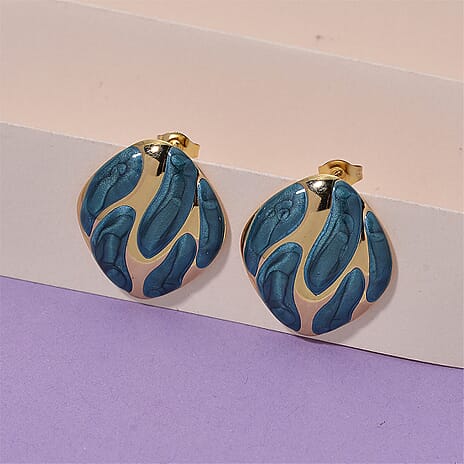 New Retro Luxury Square Drip Green Enamel Earrings with Push Back in Yellow Gold Plated