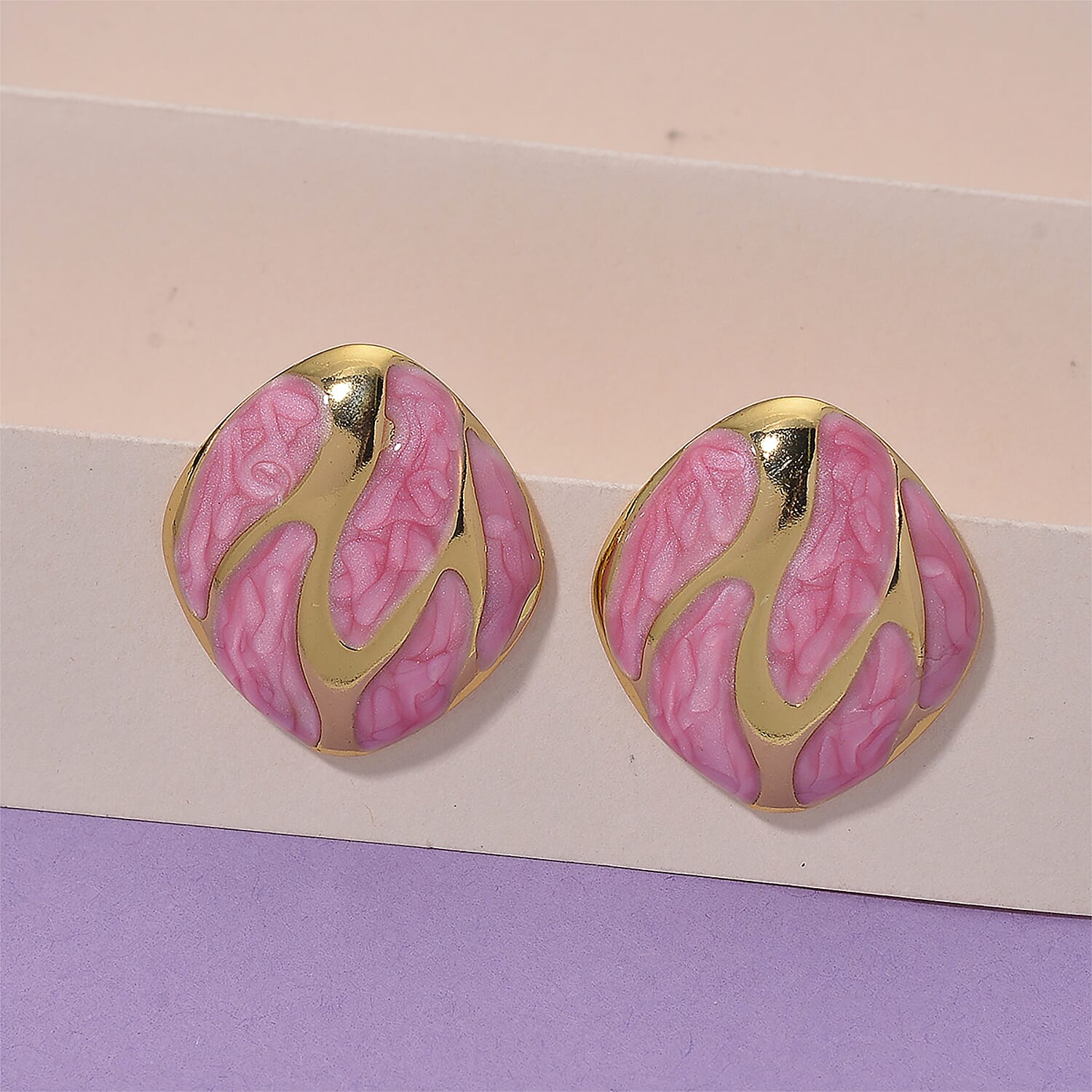 New Retro Luxury Square Drip Pink Enamel Earrings with Push Back in Yellow Gold Plated