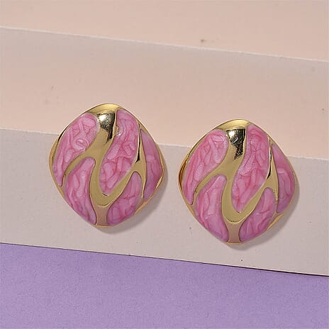 New Retro Luxury Square Drip Pink Enamel Earrings with Push Back in Yellow Gold Plated