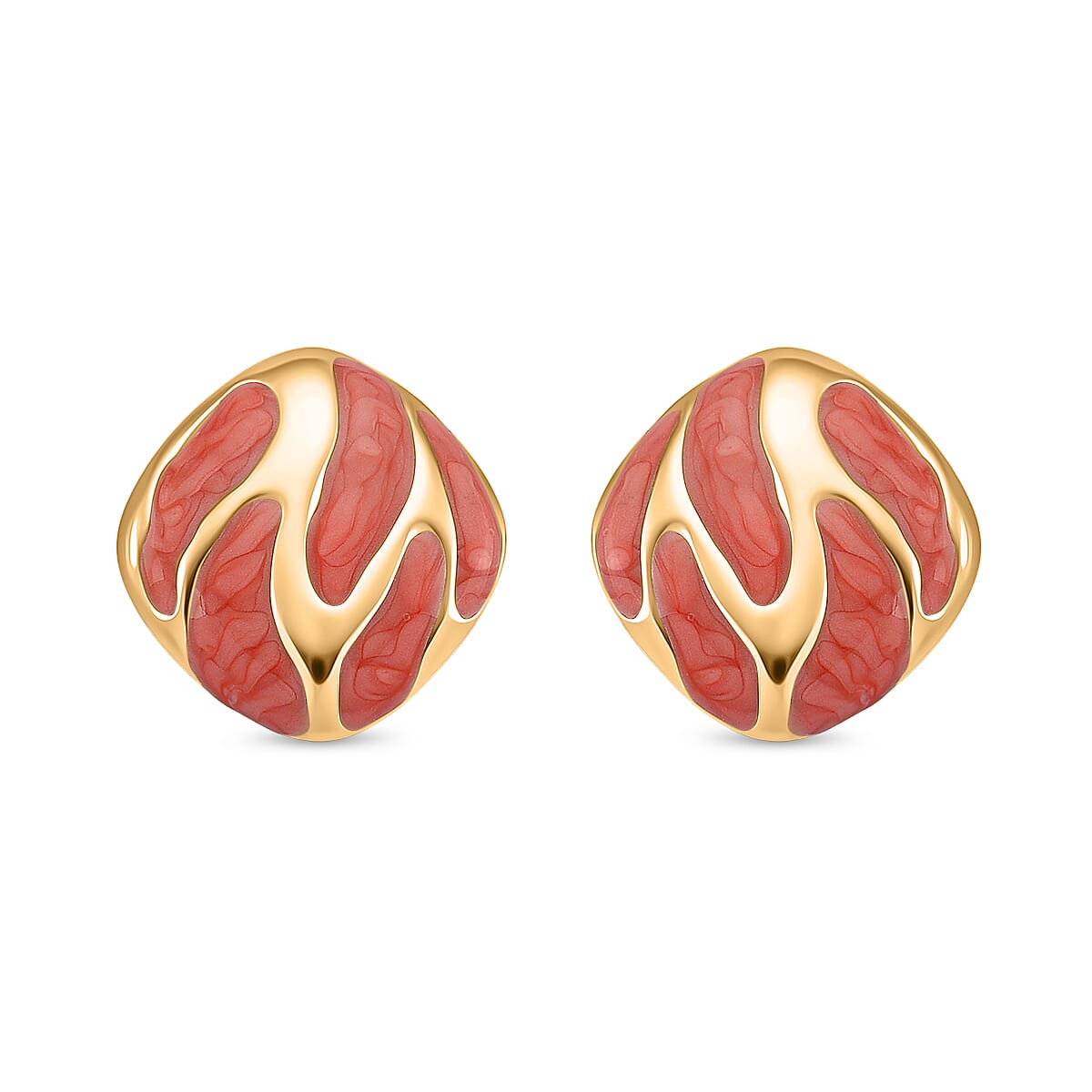 New Retro Luxury Square Drip Coral Enamel Earrings with Push Back in Yellow Gold Plated