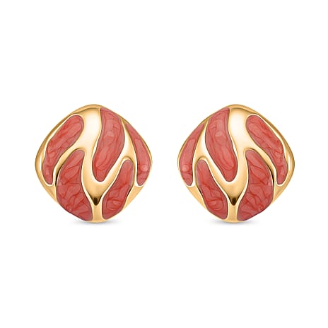 New Retro Luxury Square Drip Coral Enamel Earrings with Push Back in Yellow Gold Plated