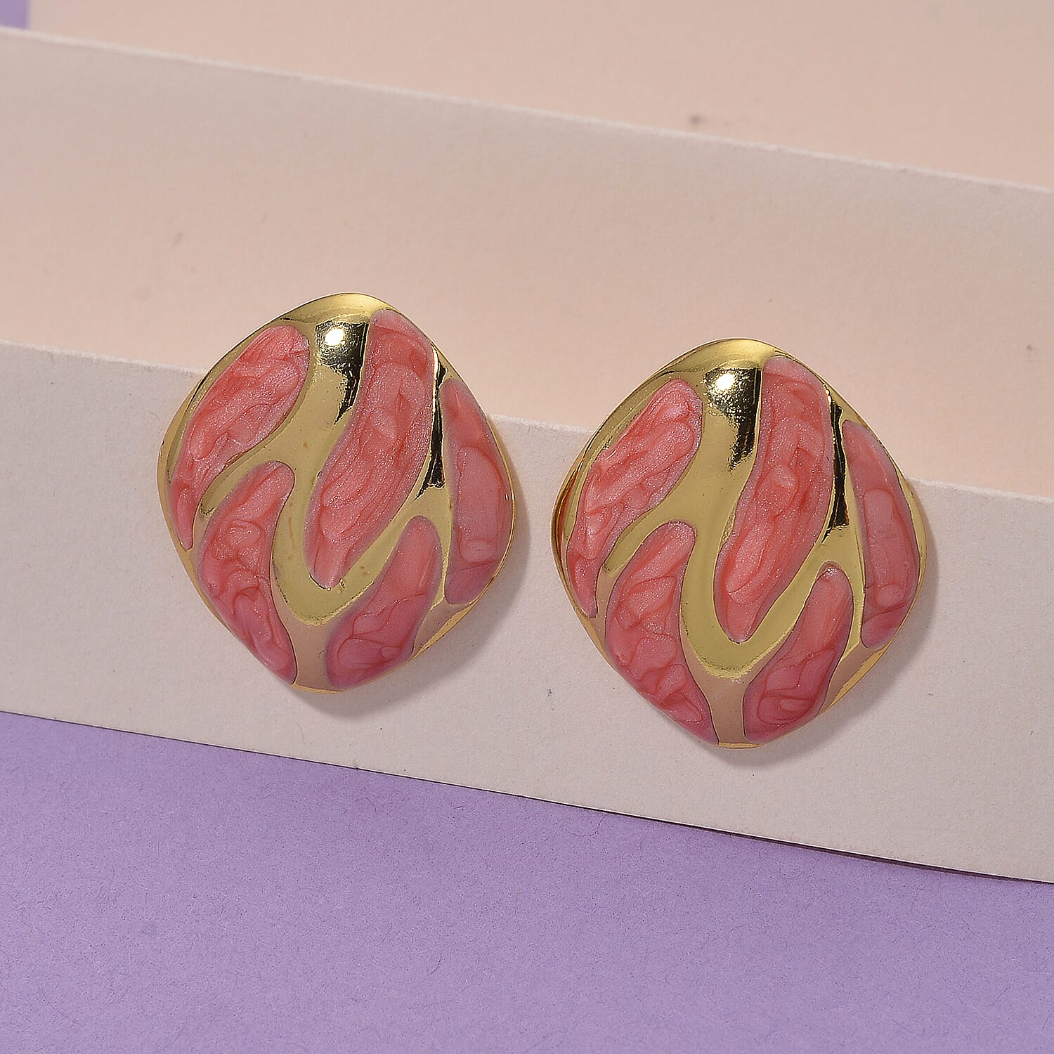 New Retro Luxury Square Drip Coral Enamel Earrings with Push Back in Yellow Gold Plated