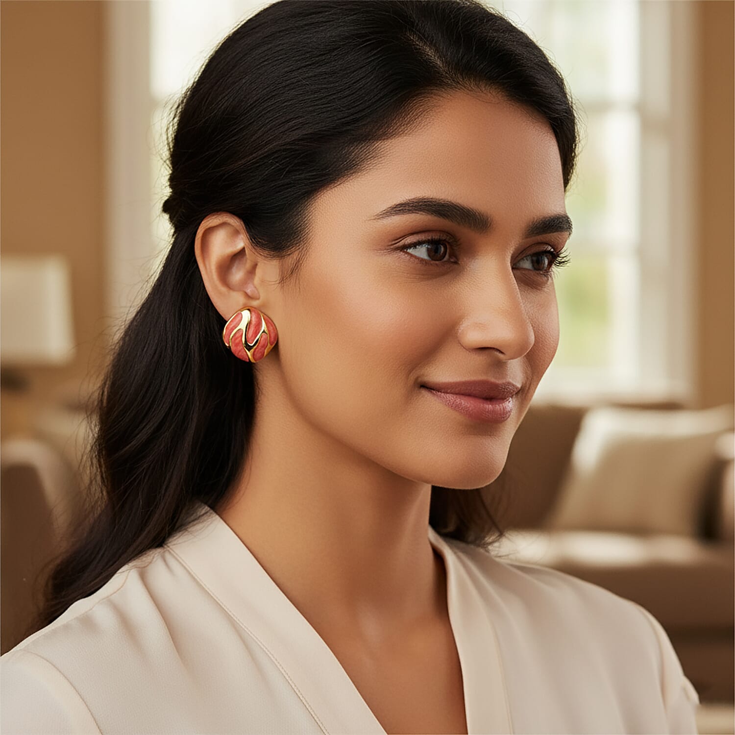 New Retro Luxury Square Drip Coral Enamel Earrings with Push Back in Yellow Gold Plated