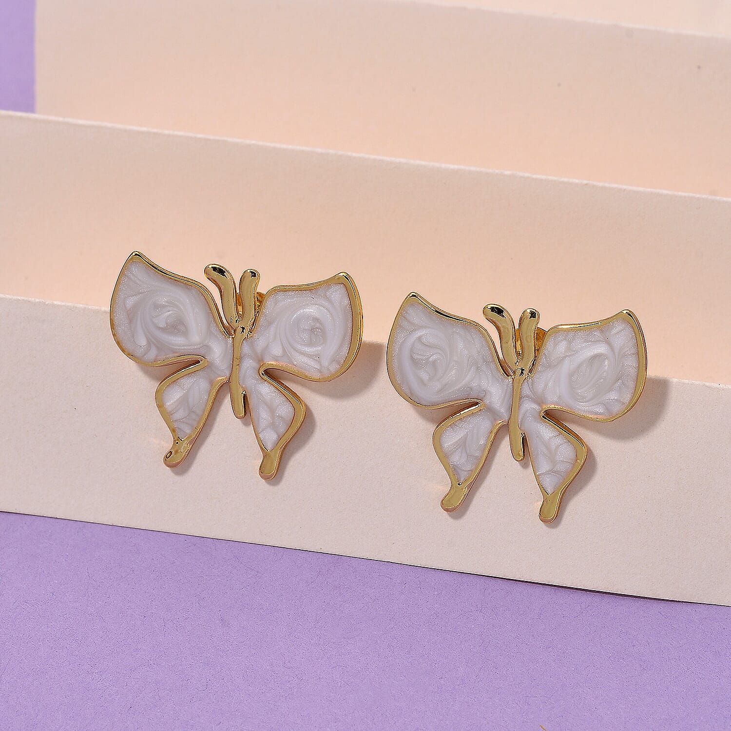 Enamelled Butterfly Earrings with Push Backs in Yellow Gold Plated