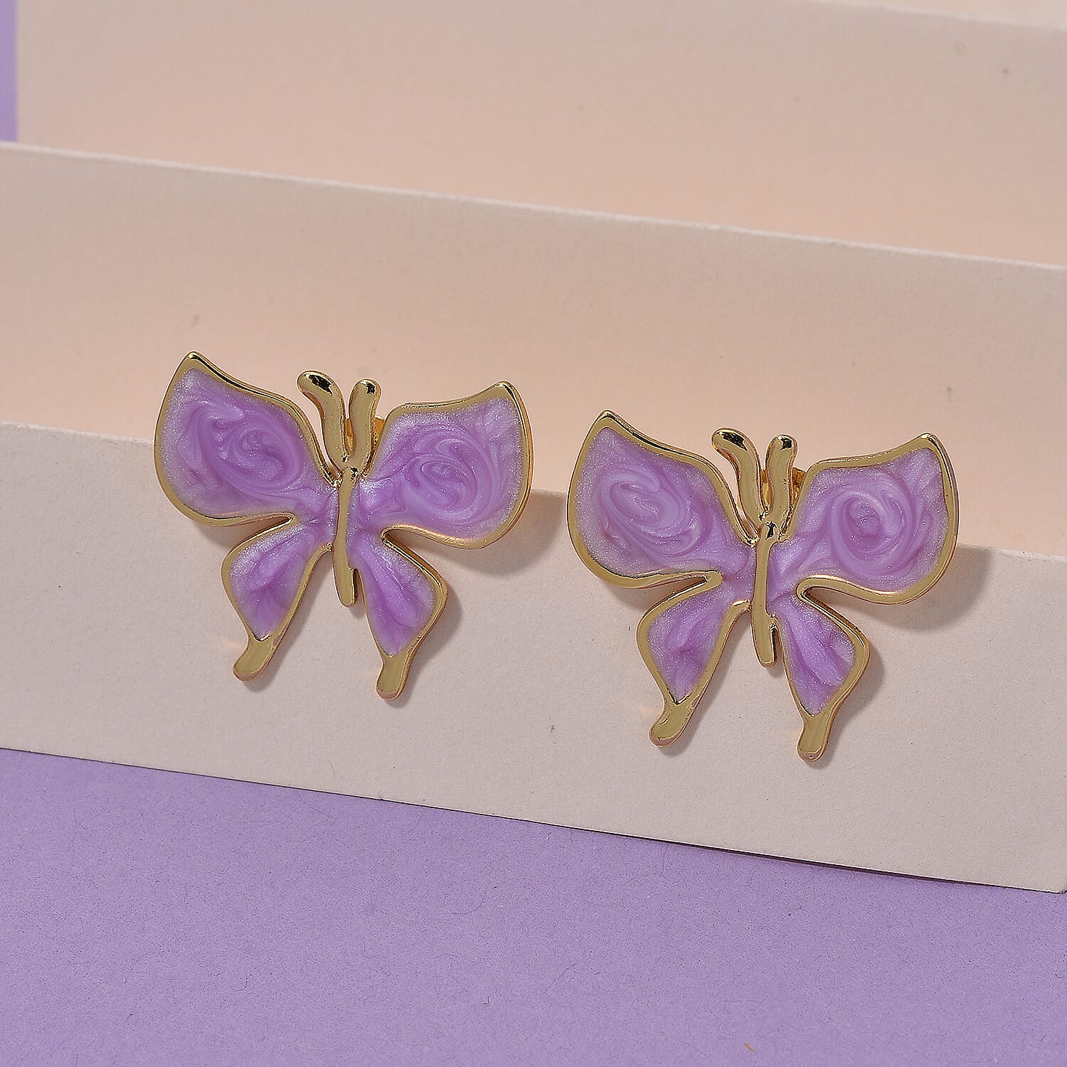 Enamelled Butterfly Earrings with Push Backs in Yellow Gold Plated
