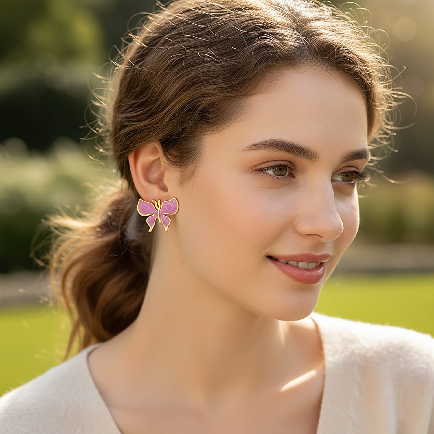 Enamelled Butterfly Earrings with Push Backs in Yellow Gold Plated