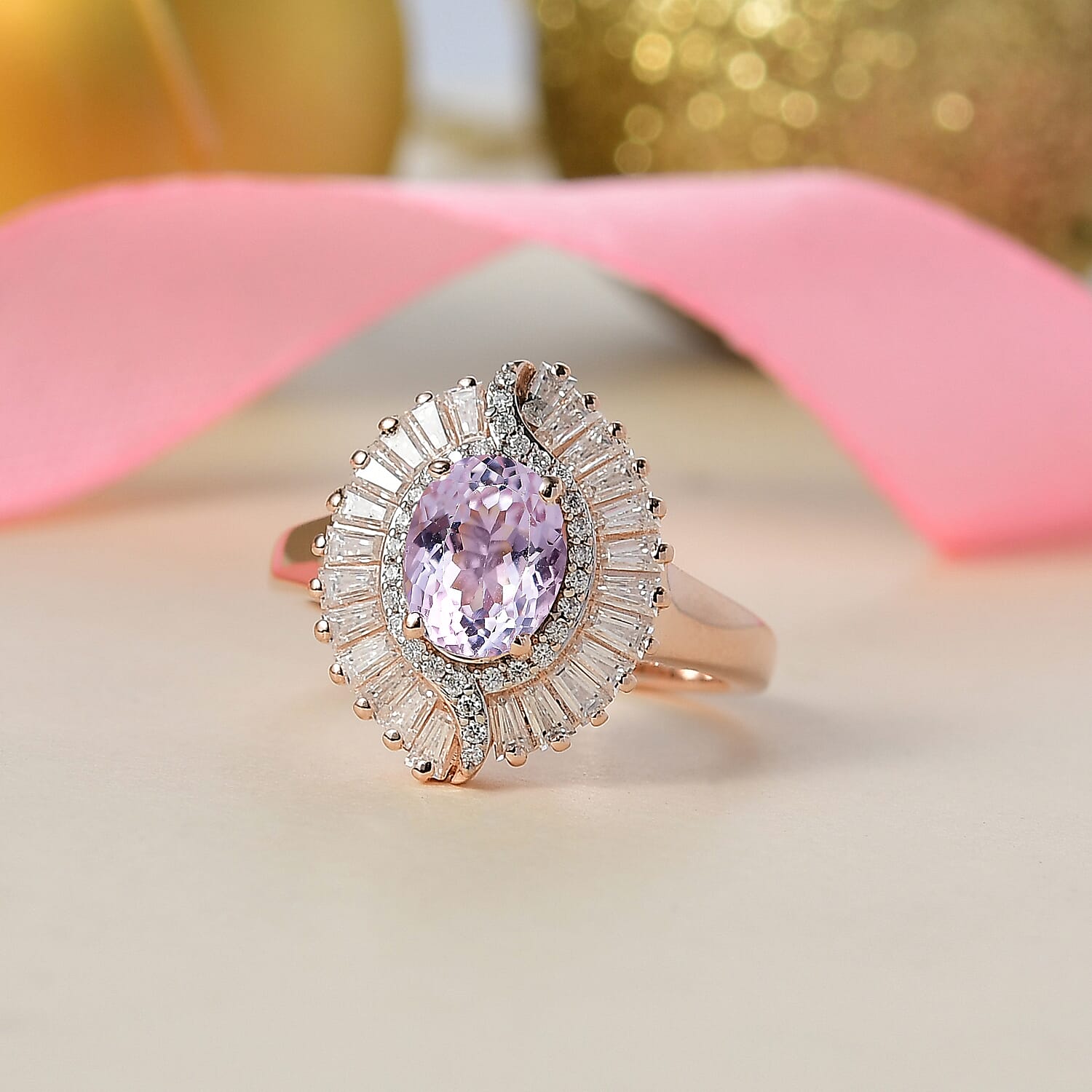 D'Joy Martha Rocha Kunzite & Moissanite Ring in 18K Vermeil Rose Gold Plated Sterling Silver 2.49 Ct.
