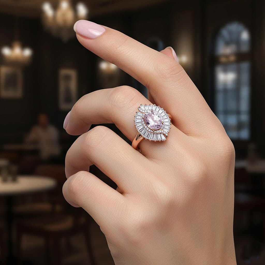 D'Joy Martha Rocha Kunzite & Moissanite Ring in 18K Vermeil Rose Gold Plated Sterling Silver 2.49 Ct.