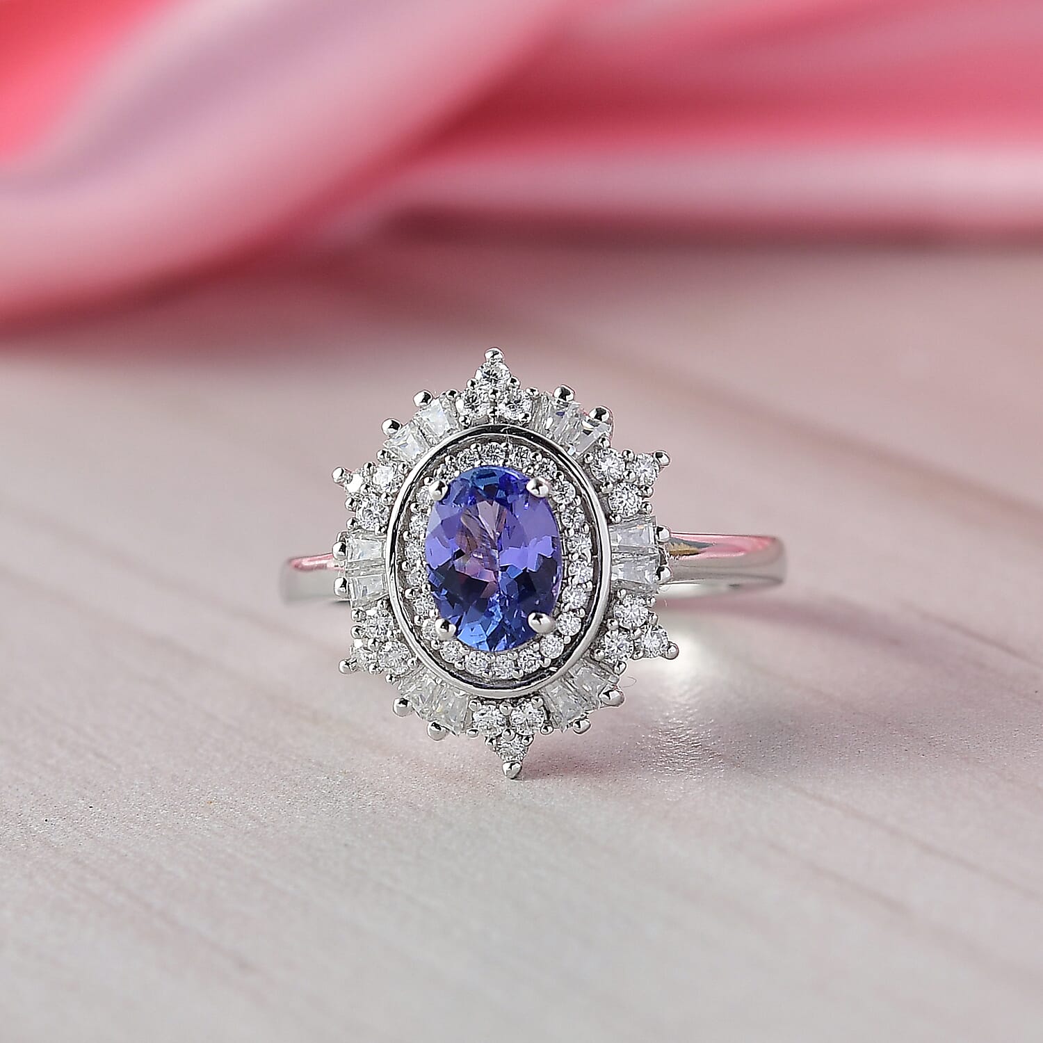 D'Joy Tanzanite & Moissanite Ring in Rhodium Overlay Sterling Silver 1.36 Ct.