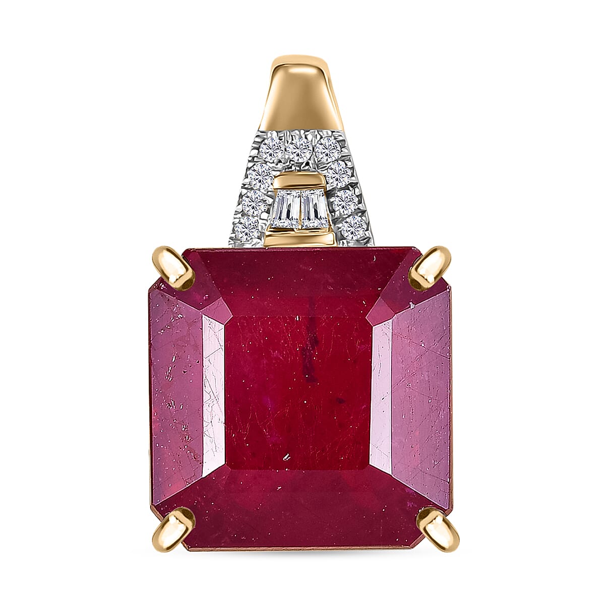 9K Yellow Gold AA African Ruby & White Diamond Solitaire Pendant 13.73 Ct.