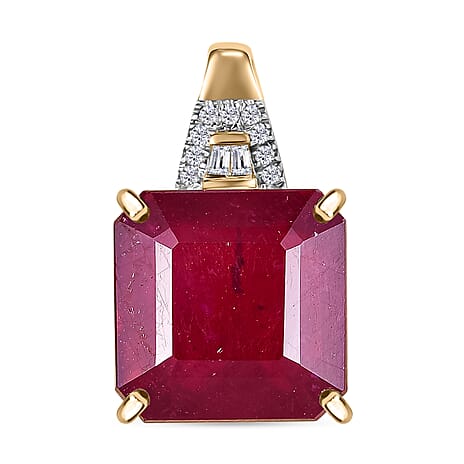 9K Yellow Gold AA African Ruby & White Diamond Solitaire Pendant 13.73 Ct.