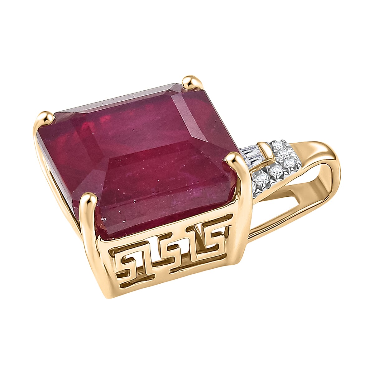 9K Yellow Gold AA African Ruby & White Diamond Solitaire Pendant 13.73 Ct.