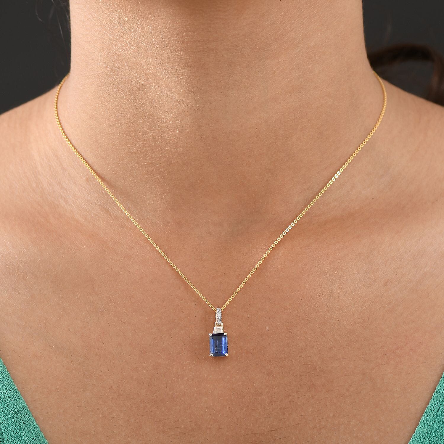 9K Yellow Gold AA Kyanite & White Diamond Pendant 1.82 Ct.