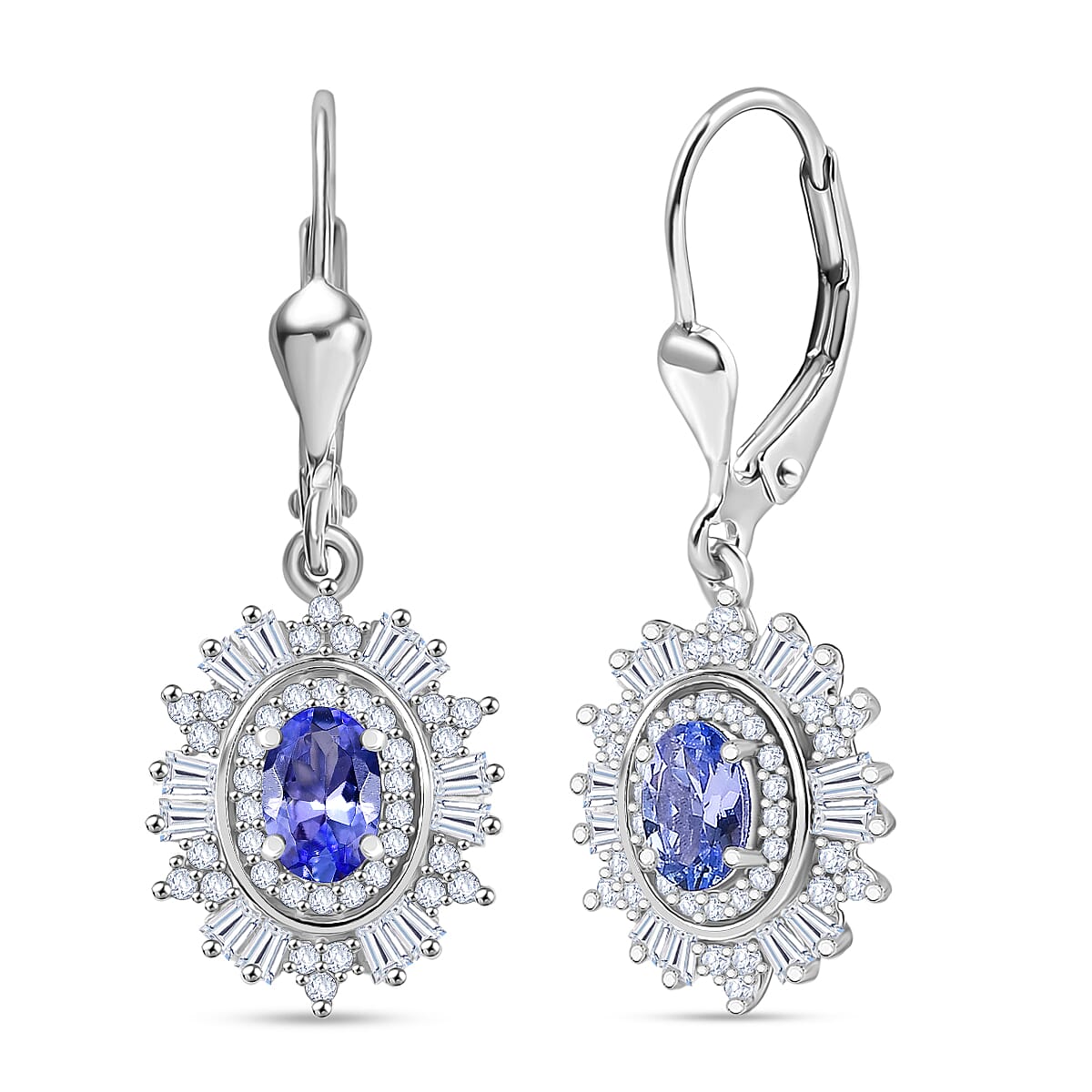 D'Joy Tanzanite & Moissanite Earring with Lever Back in Rhodium Overlay Sterling Silver 1.81 Ct.