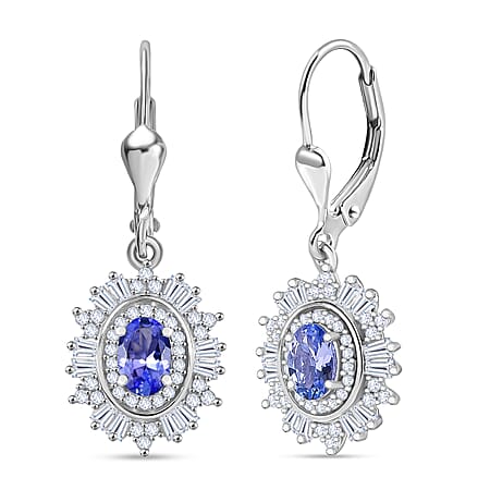 D'Joy Tanzanite, Moissanite Halo Earring with Lever Back in Rhodium Overlay Sterling Silver 1.81 Ct.
