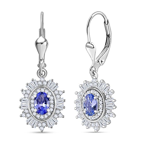 D'Joy Tanzanite & Moissanite Earring with Lever Back in Rhodium Overlay Sterling Silver 1.81 Ct.