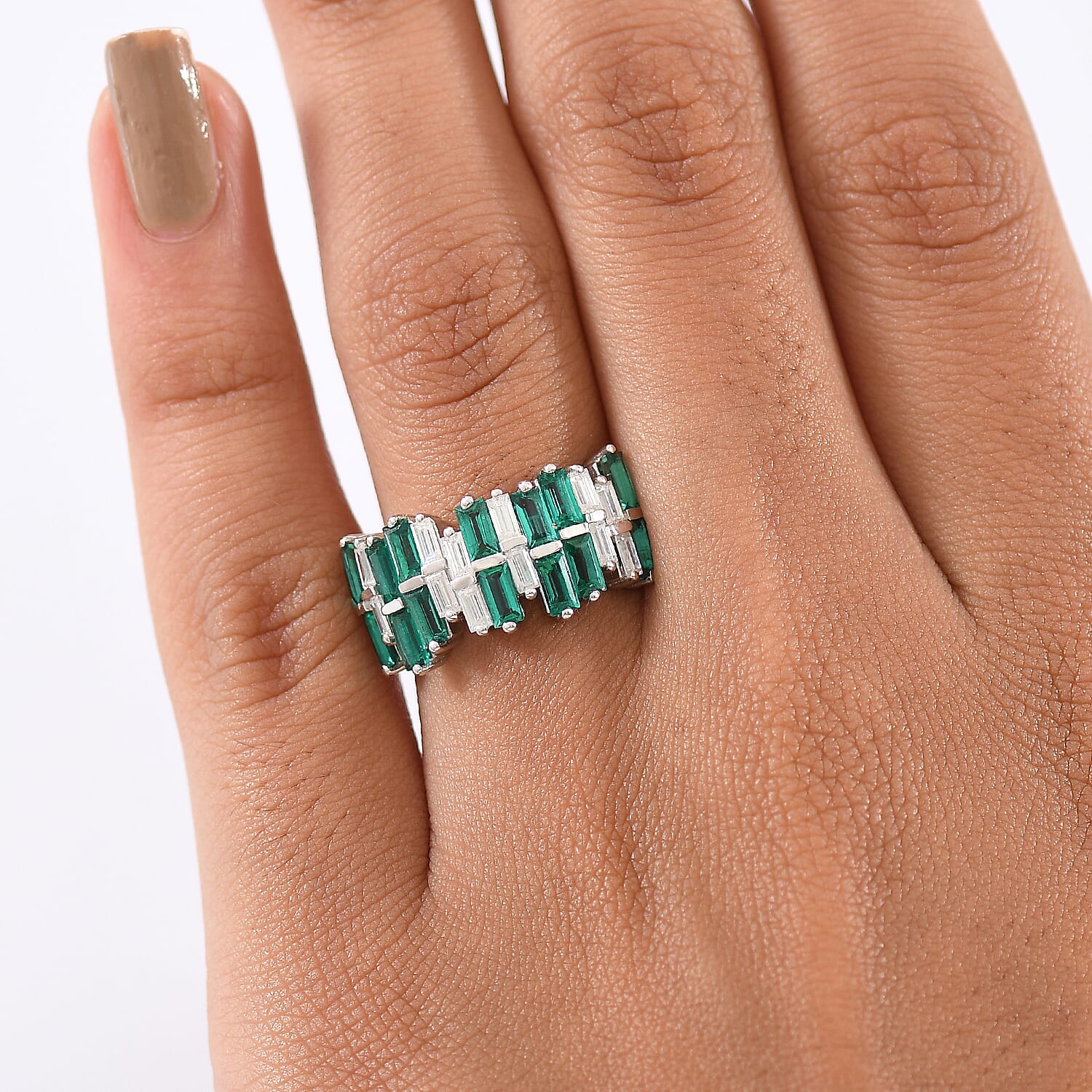 D'Joy Lab Grown Emerald & Moissanite Ring in Rhodium Overlay Sterling Silver 2.50 Ct.