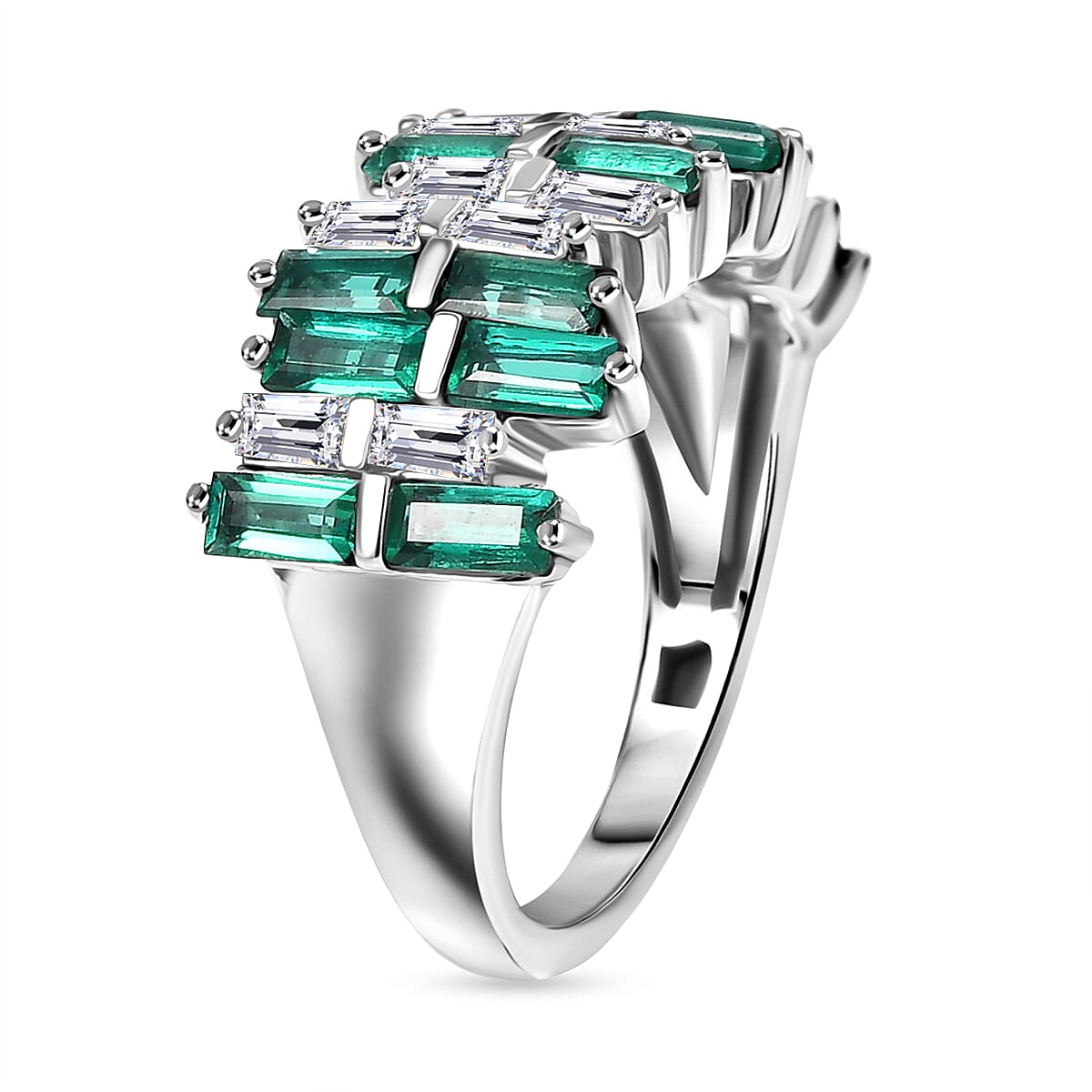D'Joy Lab Grown Emerald & Moissanite Ring in Rhodium Overlay Sterling Silver 2.50 Ct.