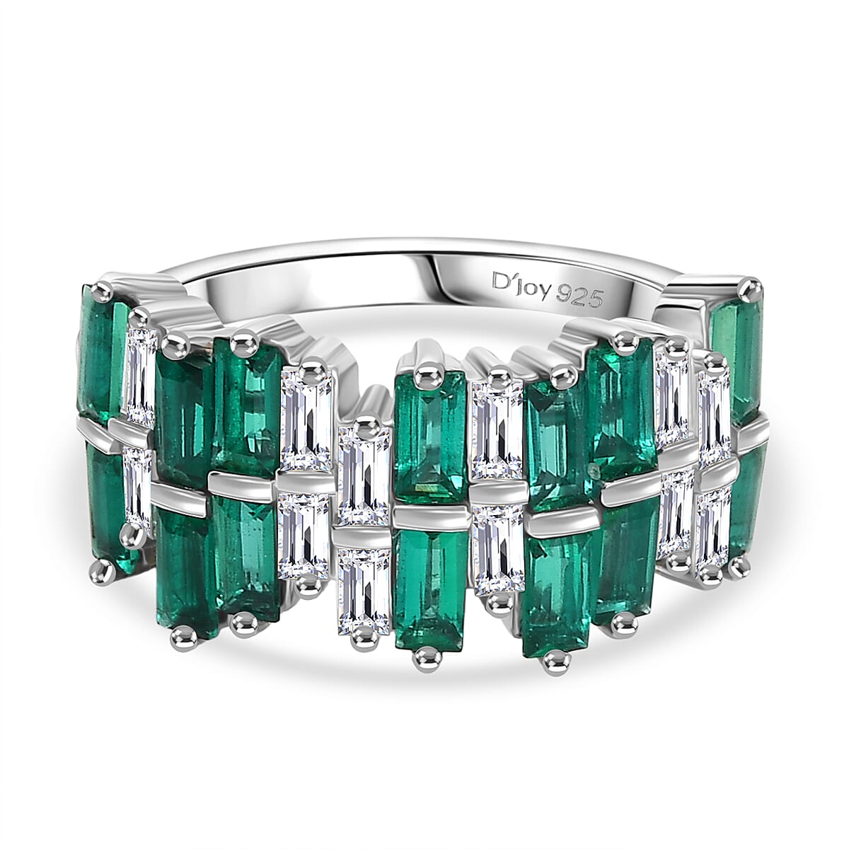D'Joy 2.5 Ct. Lab Grown Emerald, Moissanite Multi Row Ring in Rhodium Overlay Sterling Silver
