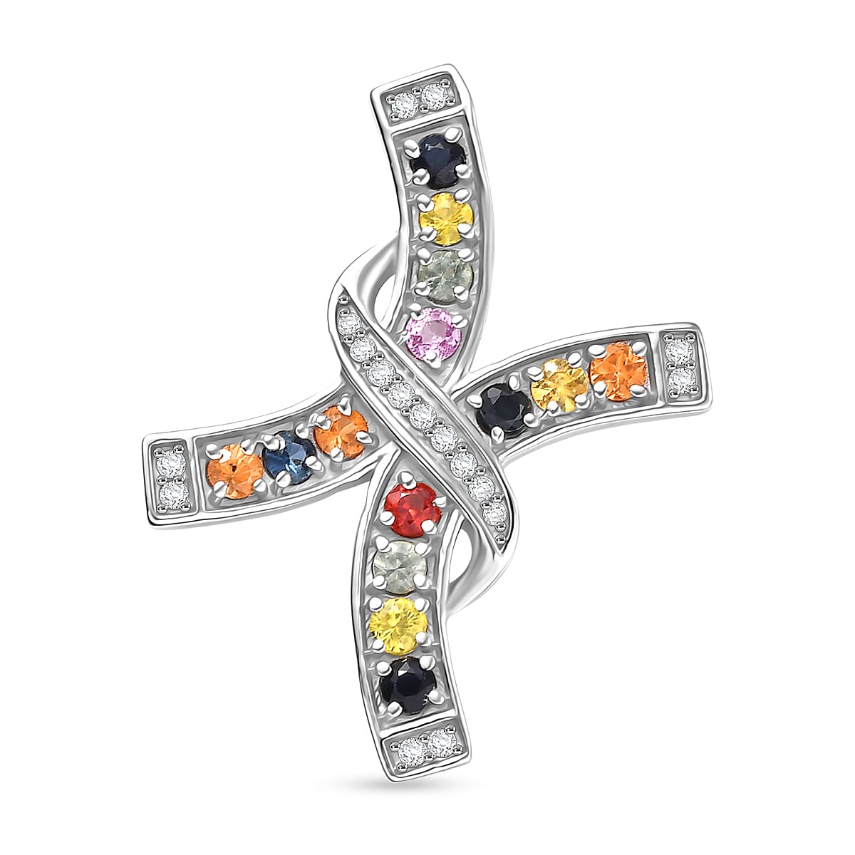 Rainbow Sapphire & White Zircon Pendant in Rhodium Overlay Sterling Silver 1.27 Ct.