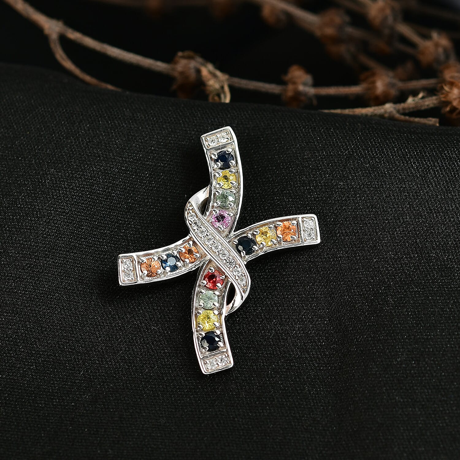 Rainbow Sapphire & White Zircon Pendant in Rhodium Overlay Sterling Silver 1.27 Ct.