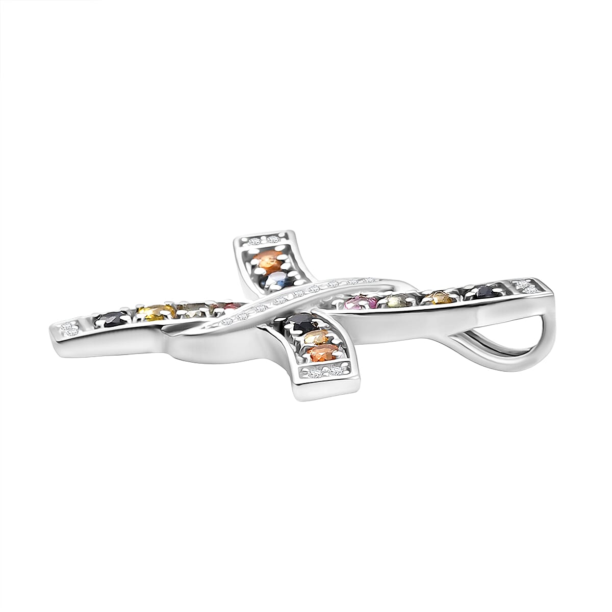 Rainbow Sapphire & White Zircon Pendant in Rhodium Overlay Sterling Silver 1.27 Ct.