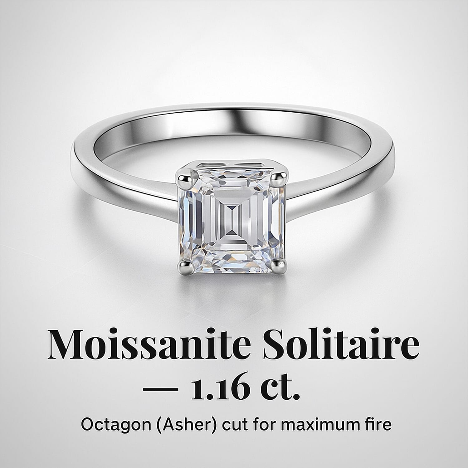 Moissanite Solitaire Ring in Platinum Overlay Sterling Silver 1.16 Ct.