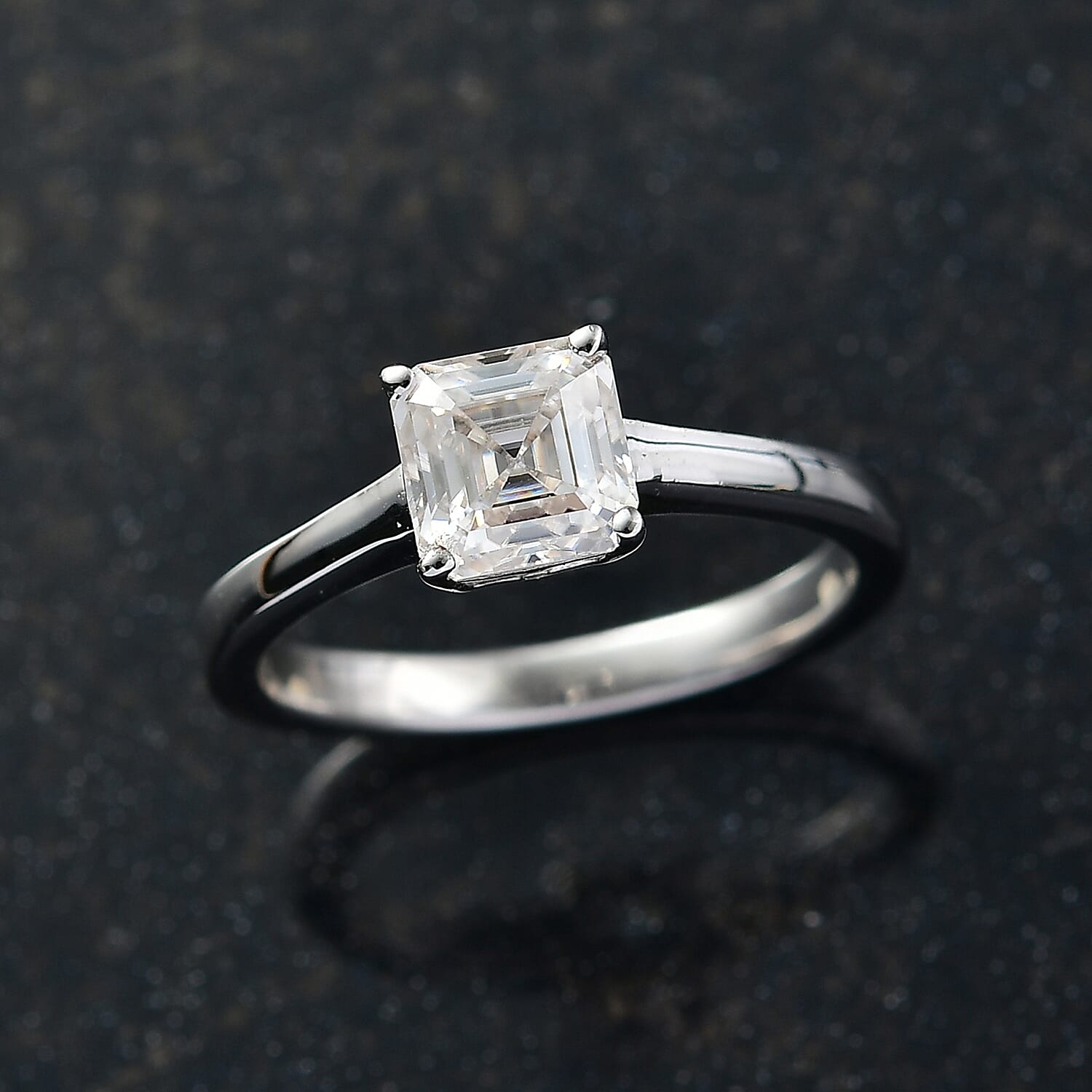 Moissanite Solitaire Ring in Platinum Overlay Sterling Silver 1.16 Ct.