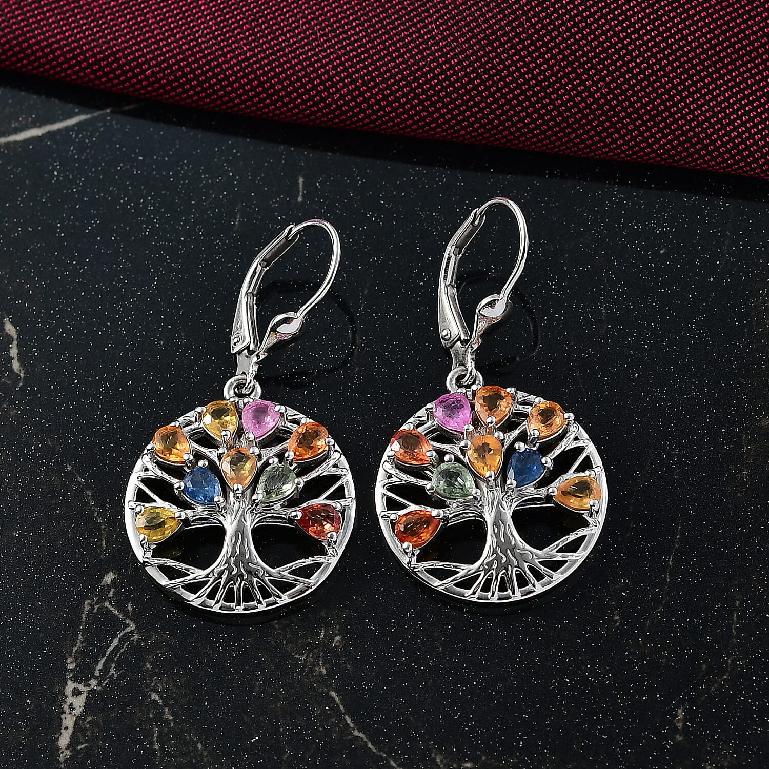 D'joy Rainbow Sapphire & Blue Sapphire Cluster Earring with Lever Back in Rhodium Overlay Sterling Silver 3.52 Ct, Silver Wt. 5.58 Gms.