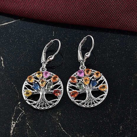 D'joy Rainbow Sapphire & Blue Sapphire Cluster Earring with Lever Back in Rhodium Overlay Sterling Silver 3.52 Ct, Silver Wt. 5.58 Gms.