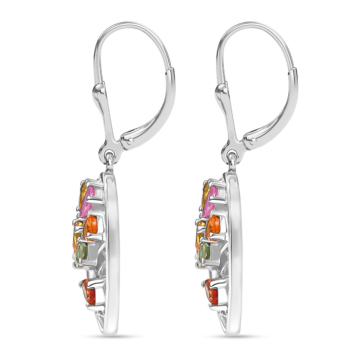 D'joy Rainbow Sapphire & Blue Sapphire Cluster Earring with Lever Back in Rhodium Overlay Sterling Silver 3.52 Ct, Silver Wt. 5.58 Gms.