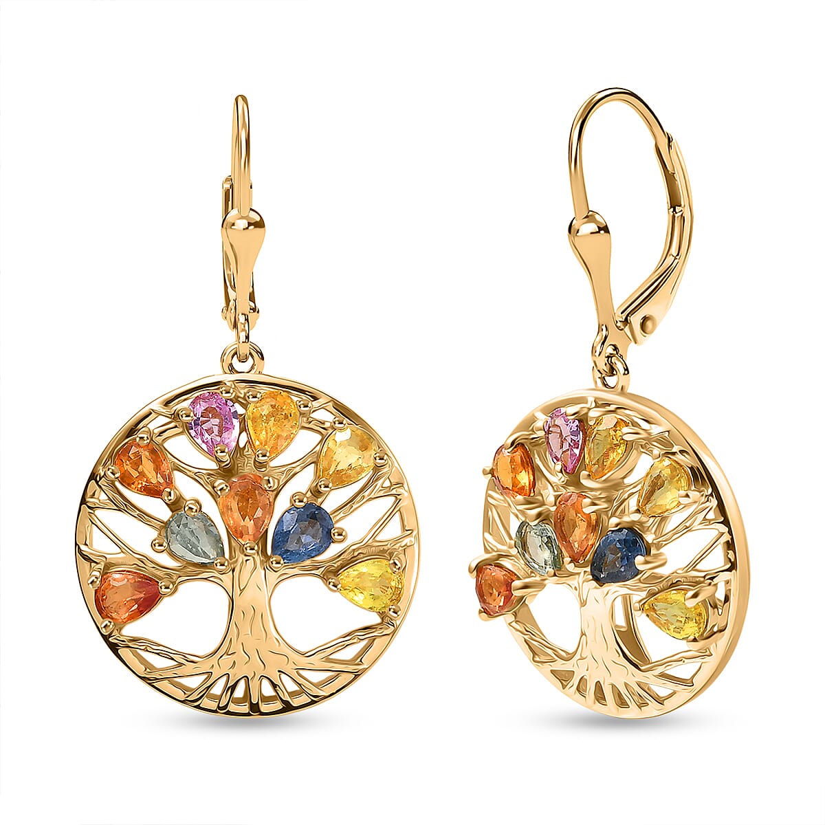 Rainbow Sapphire Cluster Earring with Lever Back in Yellow Gold Plated Sterling Silver 3.52 Ct, Silver Wt. 5.58 Gms.