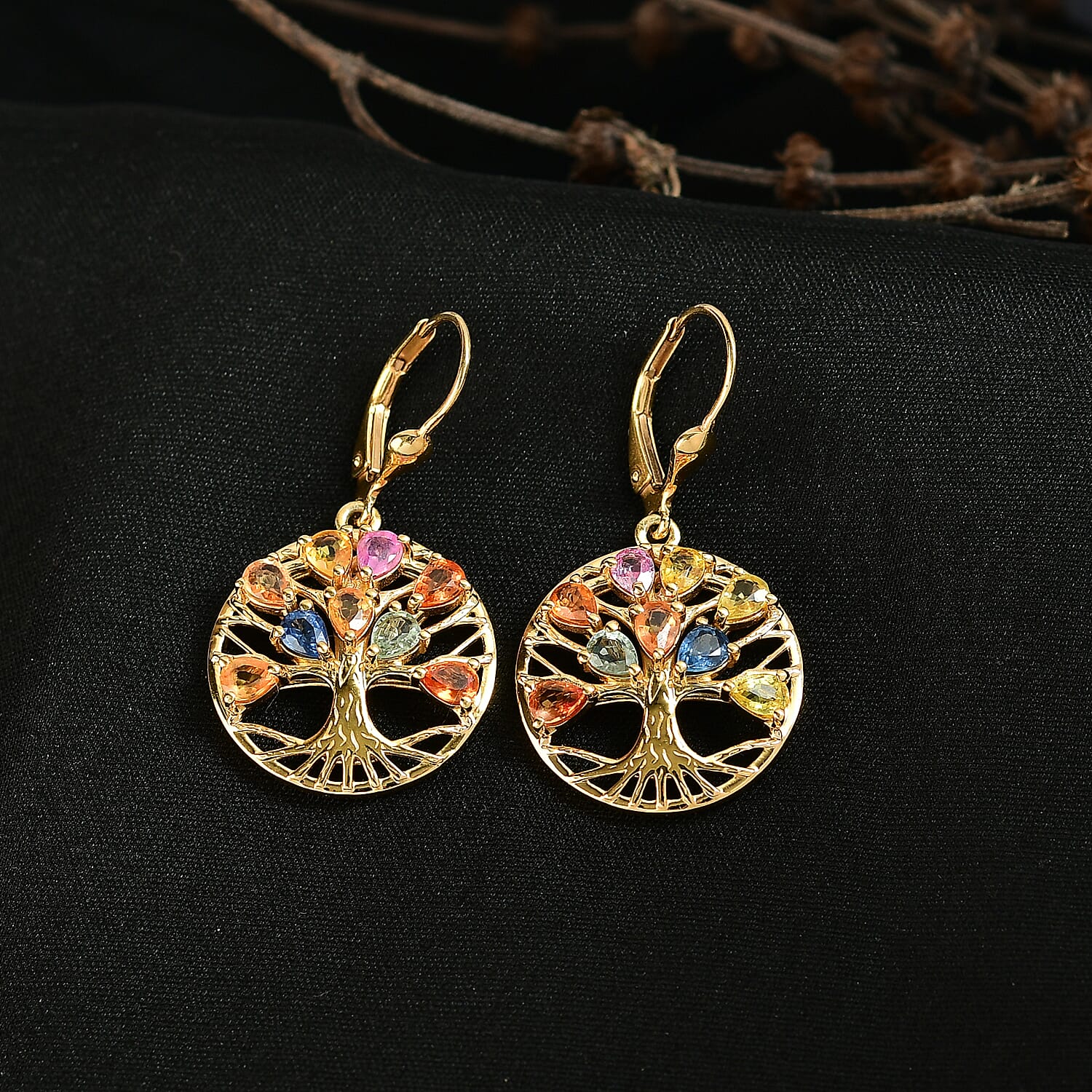 Rainbow Sapphire Cluster Earring with Lever Back in Yellow Gold Plated Sterling Silver 3.52 Ct, Silver Wt. 5.58 Gms.