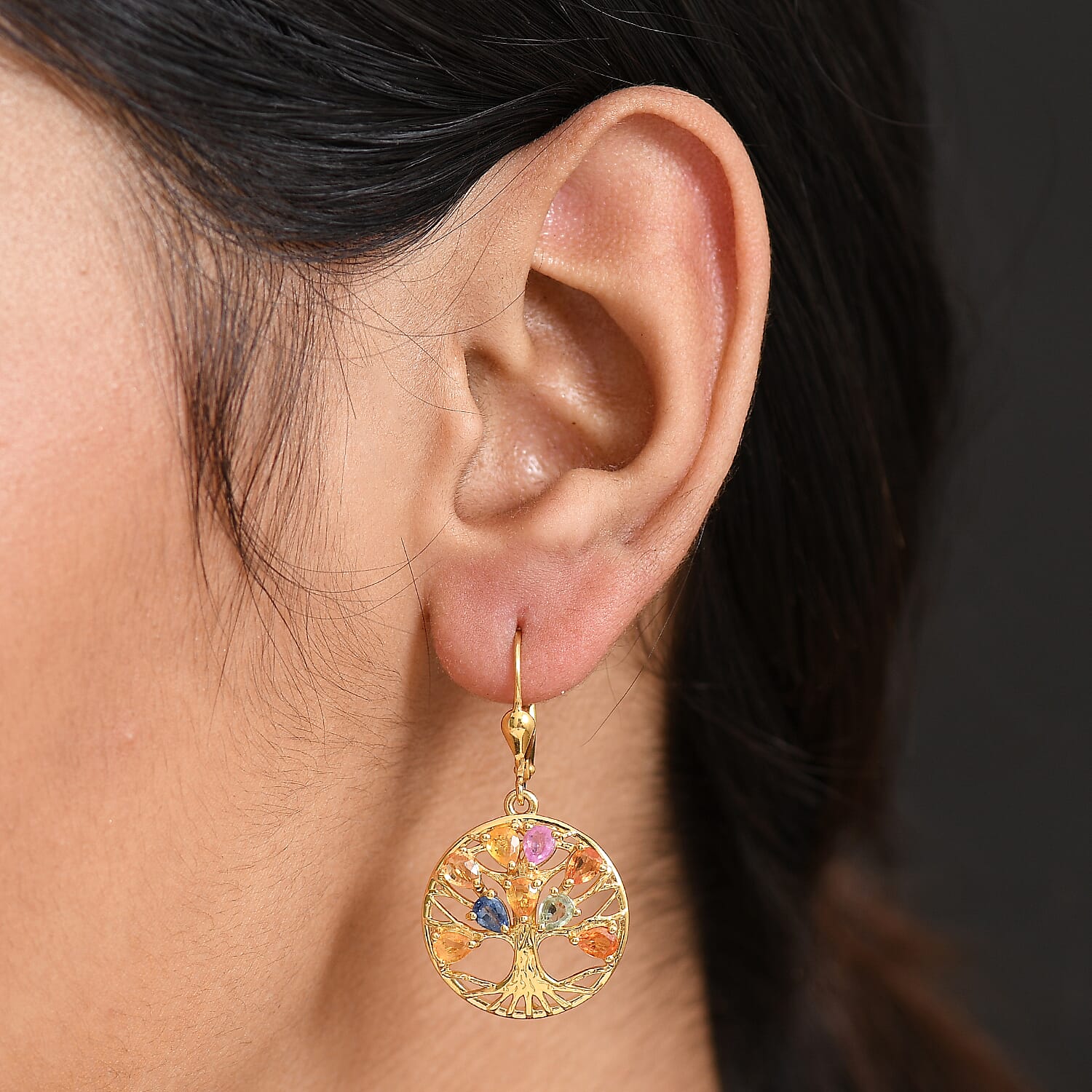 Rainbow Sapphire Cluster Earring with Lever Back in Yellow Gold Plated Sterling Silver 3.52 Ct, Silver Wt. 5.58 Gms.