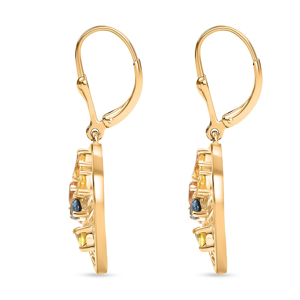 Rainbow Sapphire Cluster Earring with Lever Back in Yellow Gold Plated Sterling Silver 3.52 Ct, Silver Wt. 5.58 Gms.