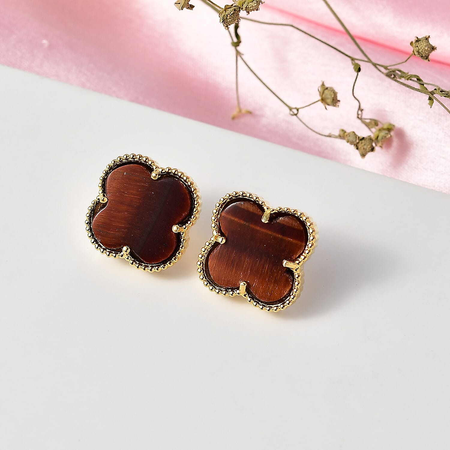 EverTrue Red Tiger Eye Earring with Push Back in Yellow Gold Plated 17.82 Ct.