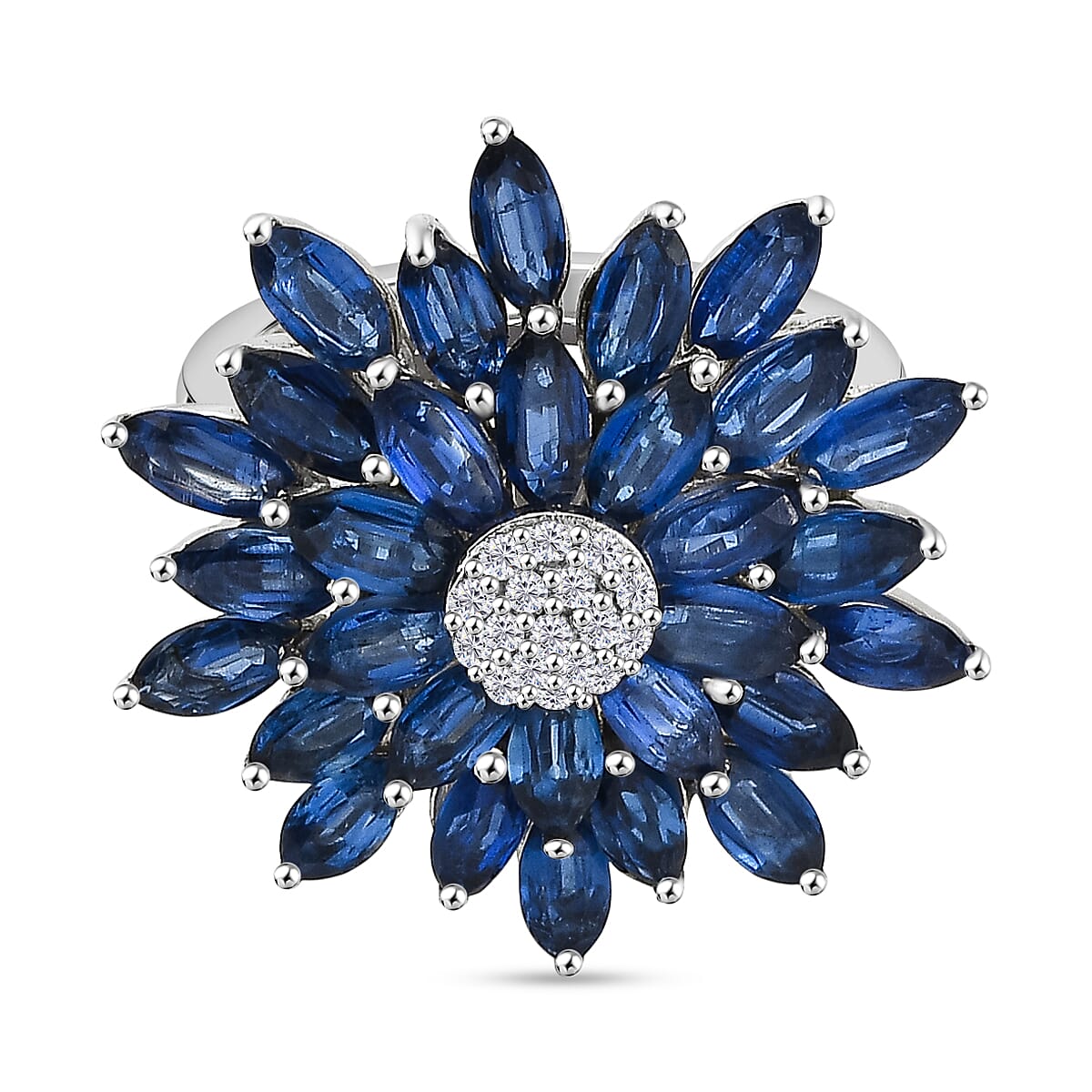 Natural Kyanite & White Zircon Cluster Ring in Rhodium Overlay Sterling Silver 7.33 Ct.