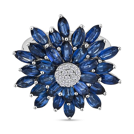 Natural Kyanite & White Zircon Cluster Ring in Rhodium Overlay Sterling Silver 7.33 Ct.