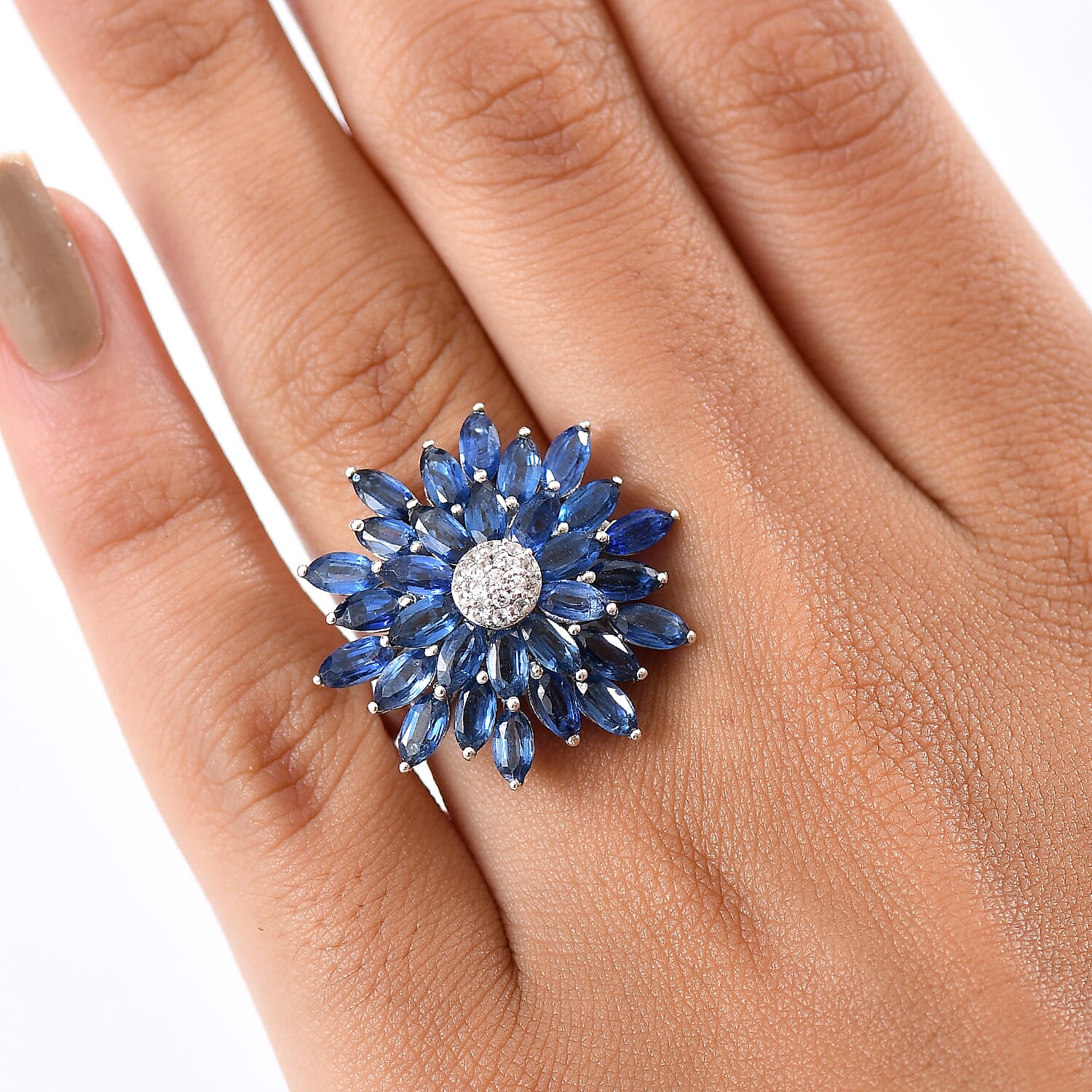 Natural Kyanite & White Zircon Cluster Ring in Rhodium Overlay Sterling Silver 7.33 Ct.