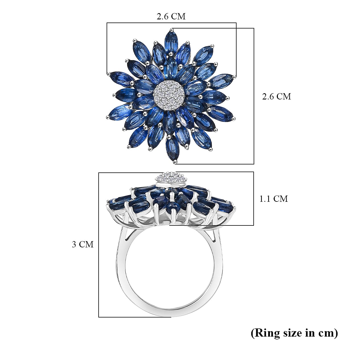Natural Kyanite & White Zircon Cluster Ring in Rhodium Overlay Sterling Silver 7.33 Ct.