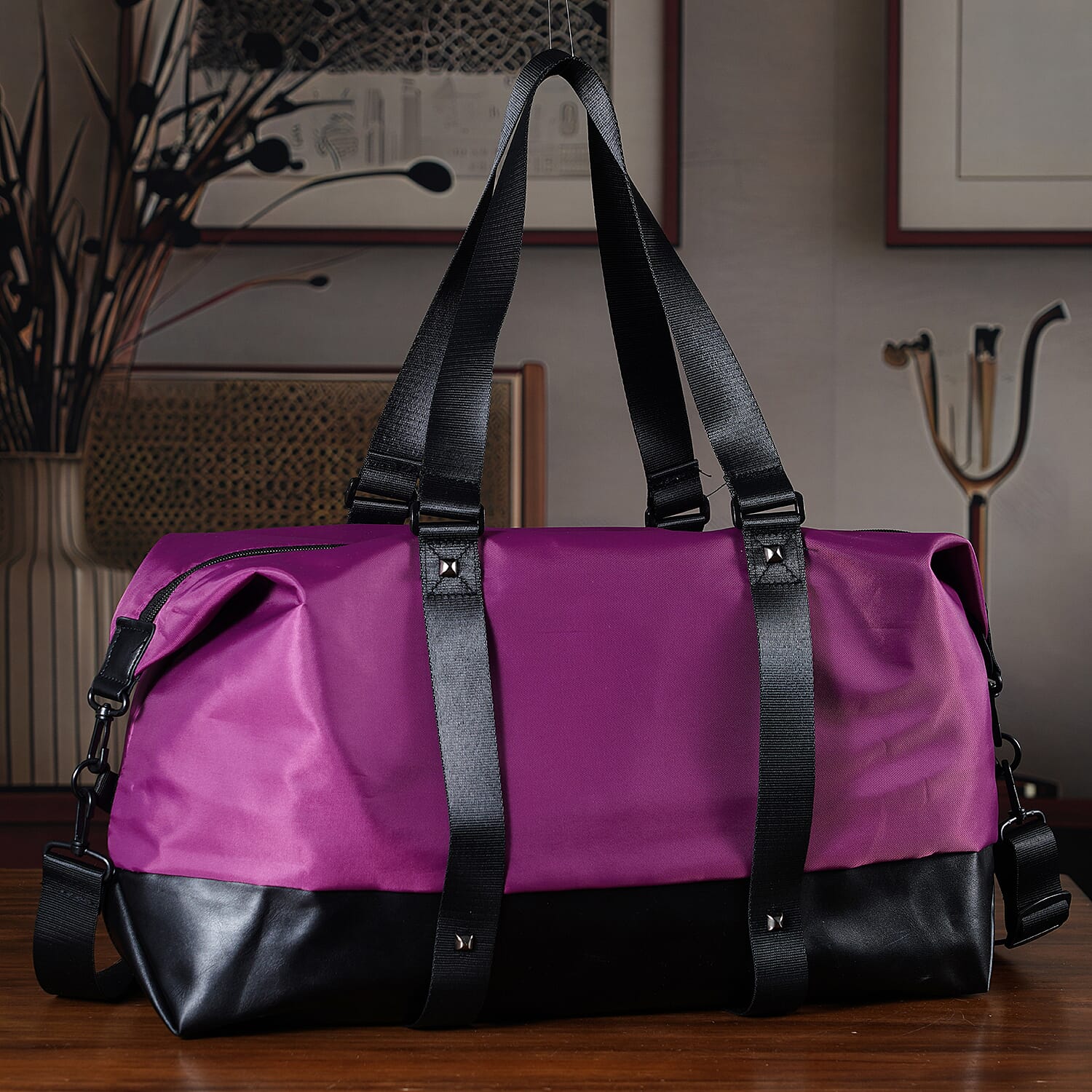 Duffle Bag- 3 slip pockets and 1 zip pocket - Water Repellent Multipurpose - Purple