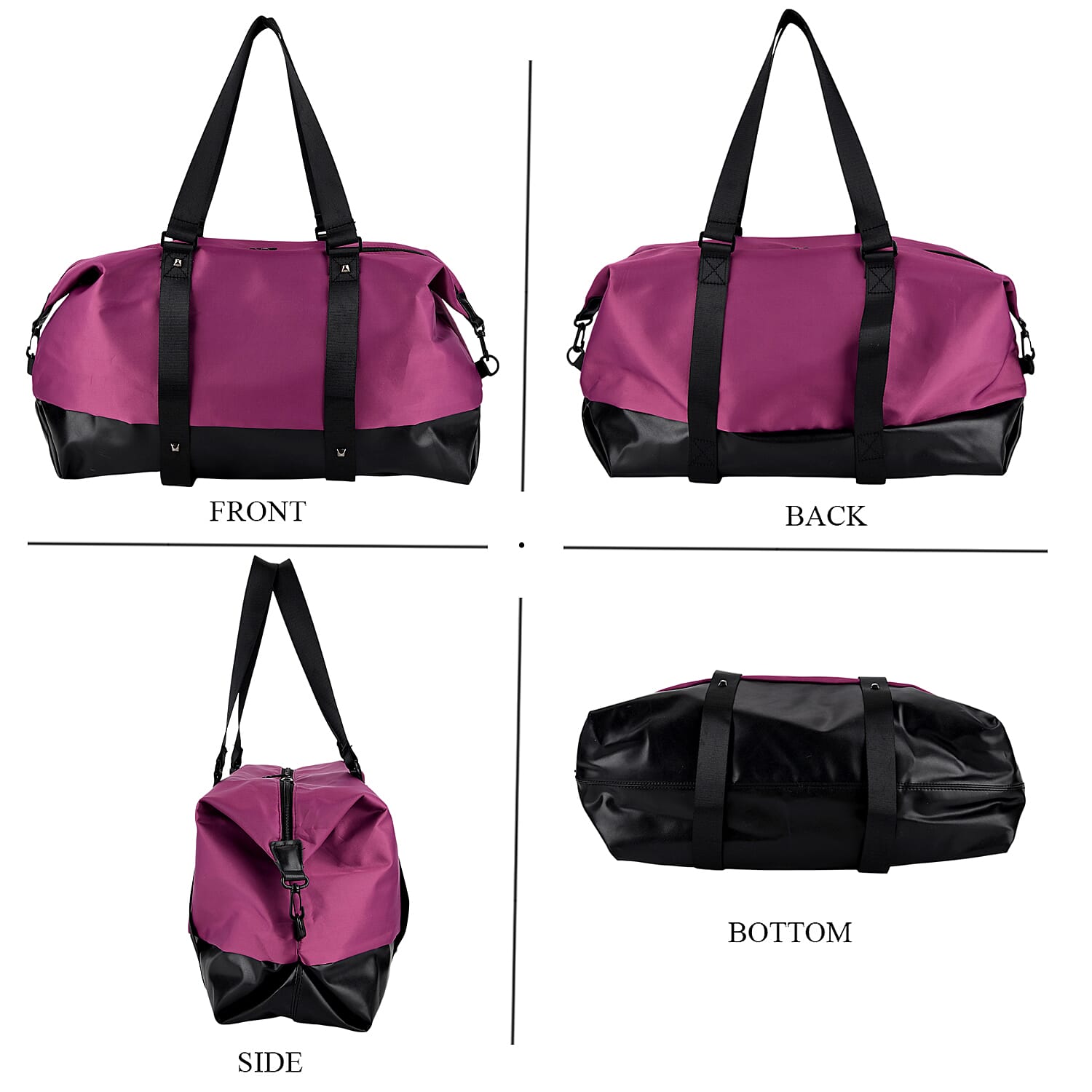 Duffle Bag- 3 slip pockets and 1 zip pocket - Water Repellent Multipurpose - Purple