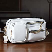 Multi-Pocket Crossbody Bag with Gold Chain Detail - White