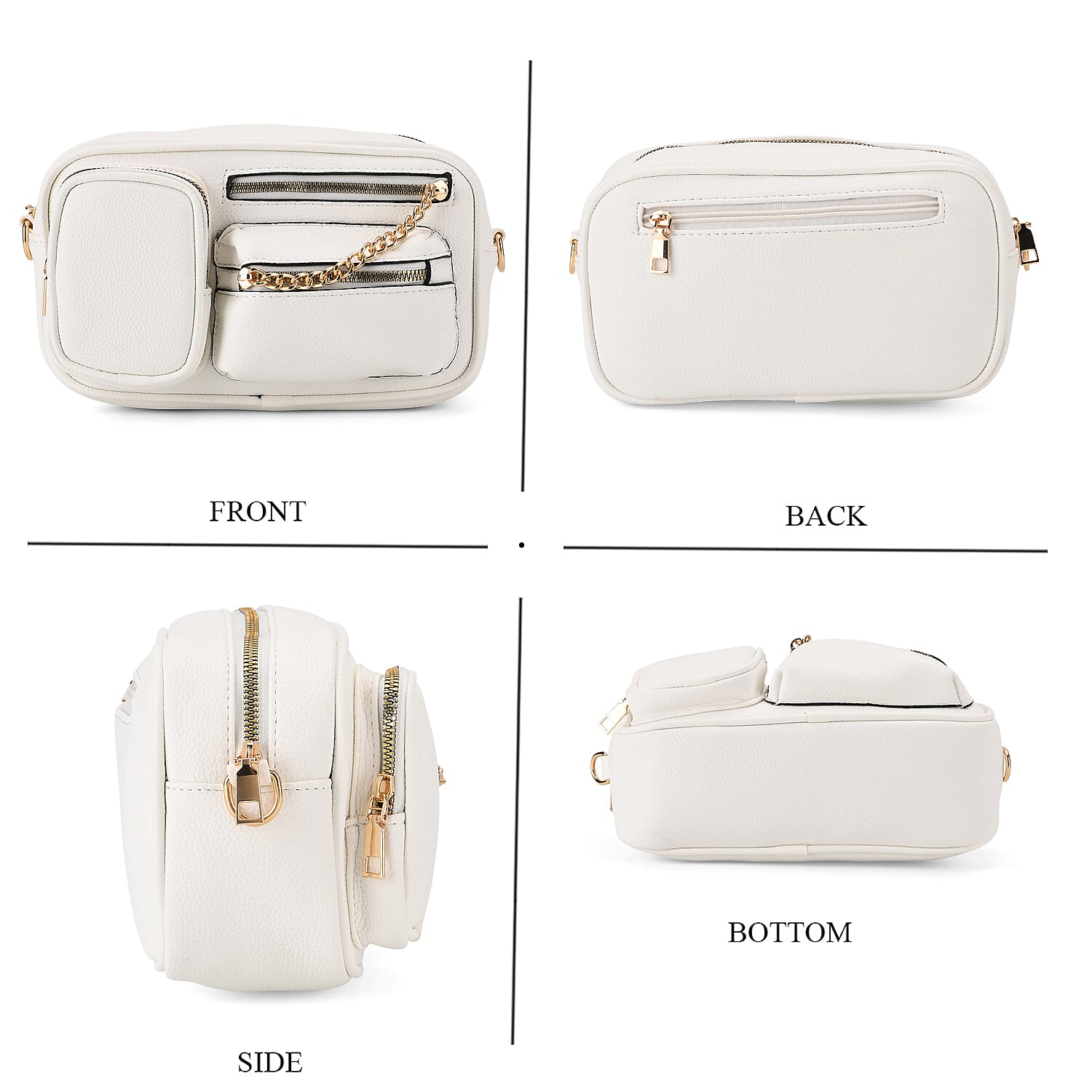 Multi-Pocket Crossbody Bag with Gold Chain Detail - White