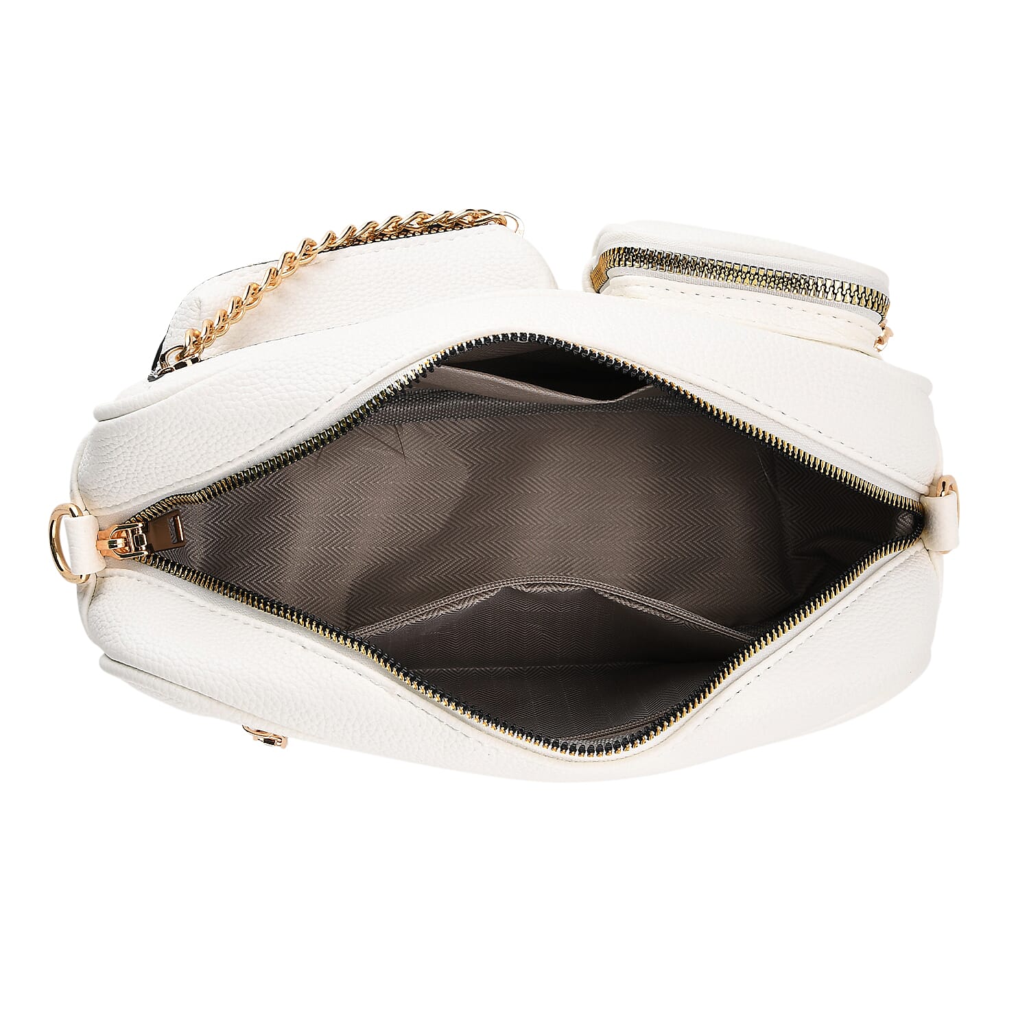 Multi-Pocket Crossbody Bag with Gold Chain Detail - White