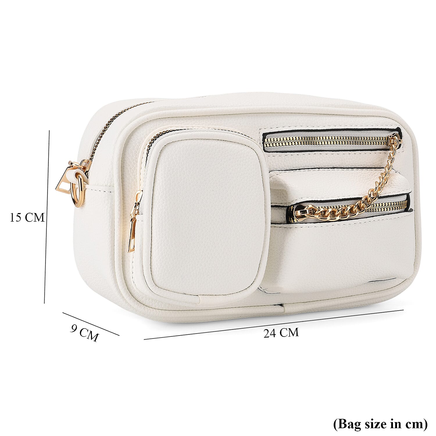 Multi-Pocket Crossbody Bag with Gold Chain Detail - White