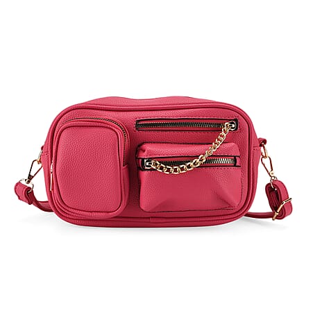 Multi-Pocket Crossbody Bag with Gold Chain Detail - Rose Red